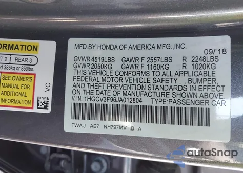 2018 Honda Accord Hybrid Touring from USA, damaged, VIN 1HGCV3F96JA012804